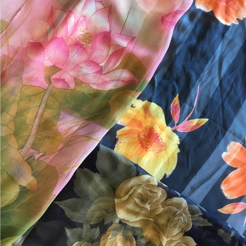 3 SCARVES/ SHAWLS Bundled together Shades of pink, green yellow orange navy tan.